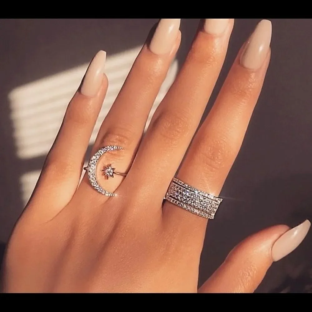 Crescent Moon & Star CZ Diamond Ring